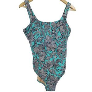 Lands End One Piece Floral Geometric Slimming Tank Swimsuit Size 14 Stretch Blue